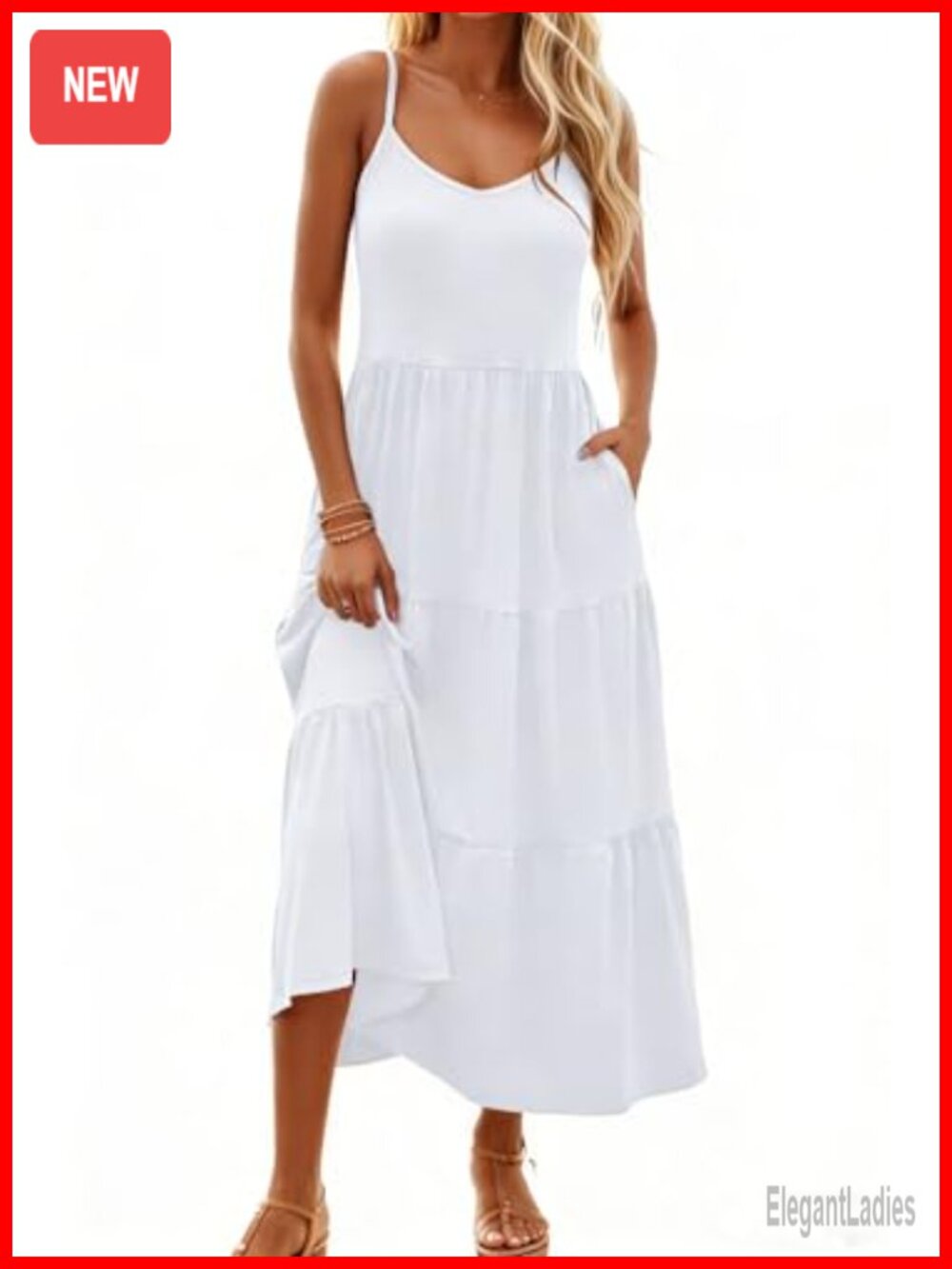 Flowy Sleeveless Maxi Sundress with Pockets V-Neck Spaghetti Strap Tiered